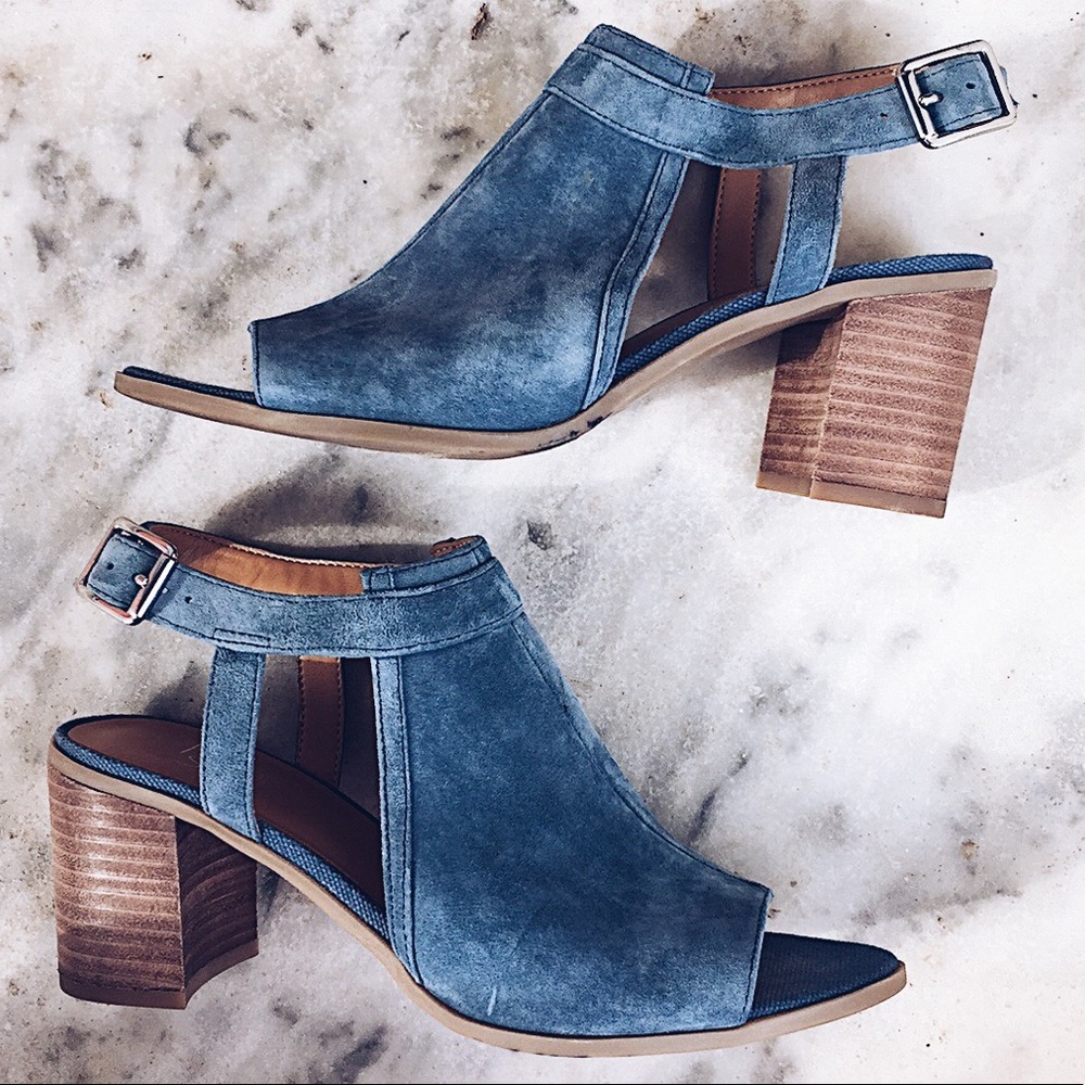 Franco Sarto || blue suede open toe booties